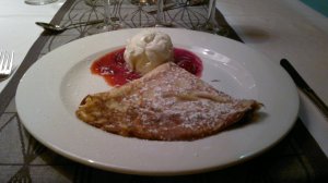 Crepe, old time vanilla ice cream and jam